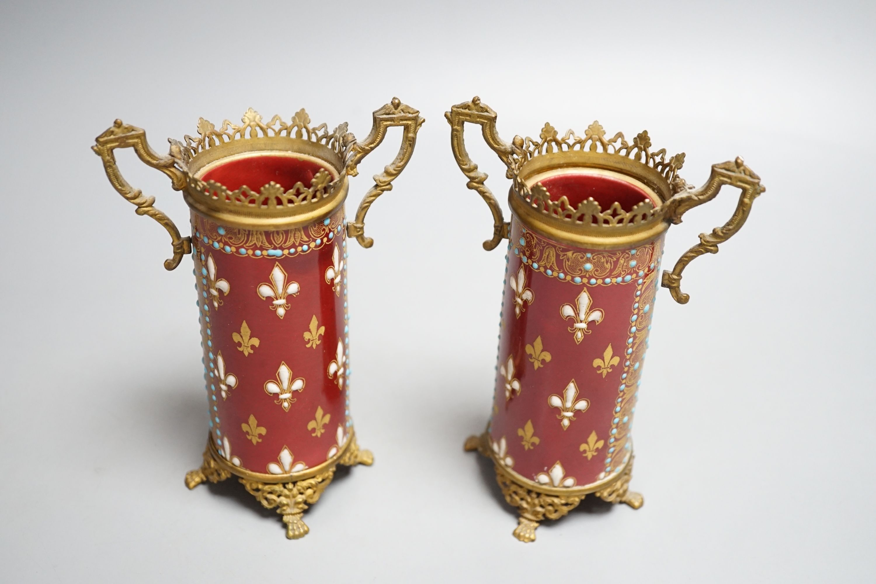 A pair of German or Austrian jewelled porcelain gilt metal mounted vases - 13cm tall